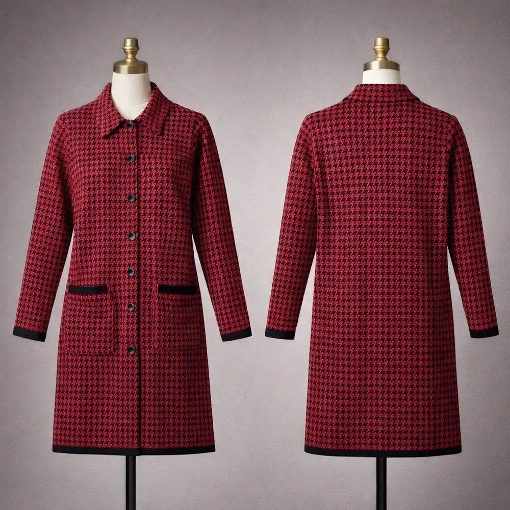 Red Black Houndstooth Knit Sweater Dress Button Front Pockets S USA